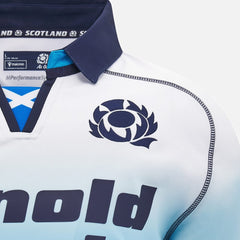 Maglia rugby Scozia Macron Pro Away 2025 ufficiale, design azzurro sfumato.