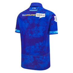 Maglia Ospreys Rugby 2025 Euro: maglia da rugby blu, vista posteriore, con logo dello sponsor "the consumer helpline"