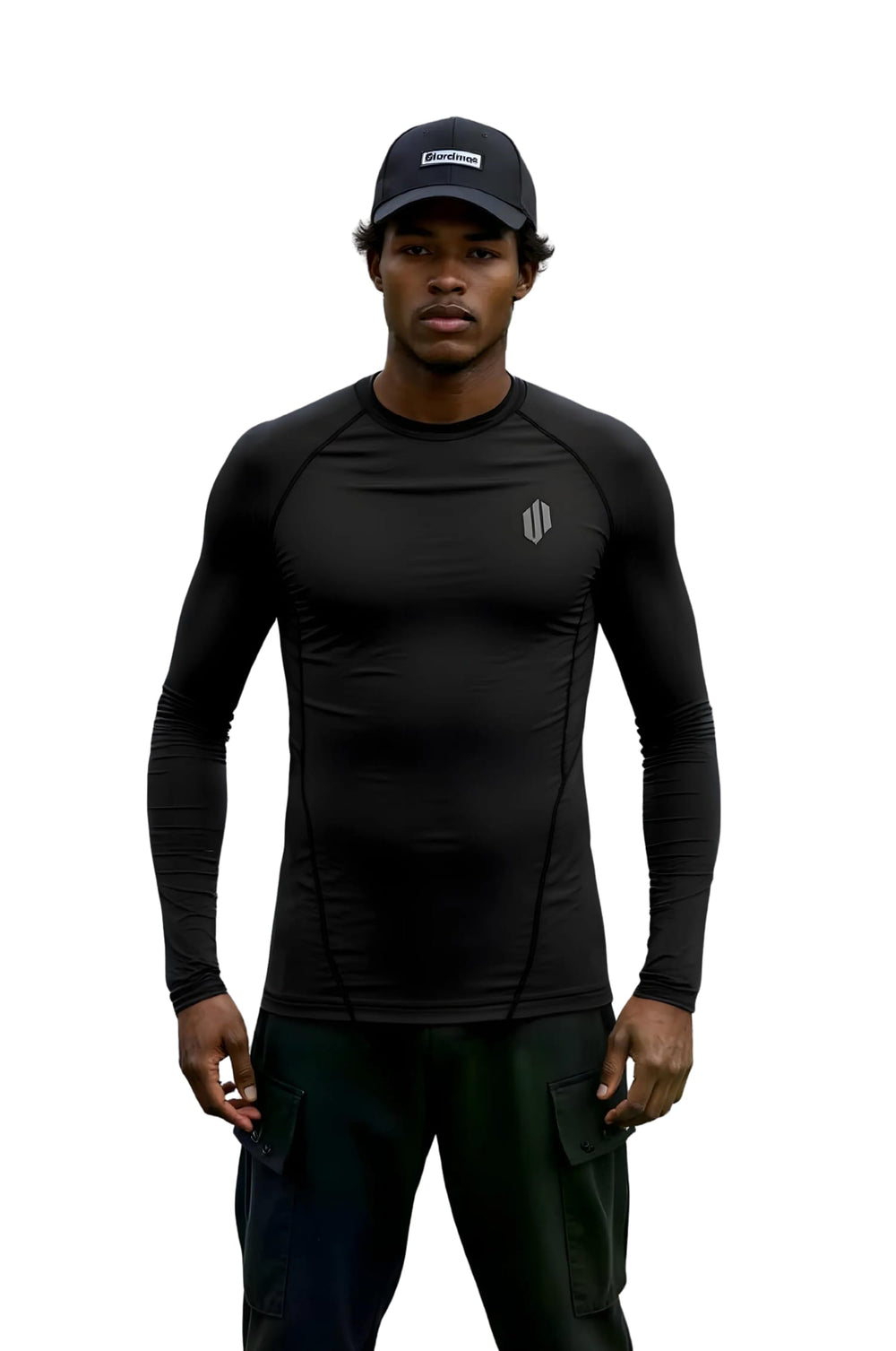 T-shirt baselayer sportiva nera a manica lunga da uomo, con logo discreto.