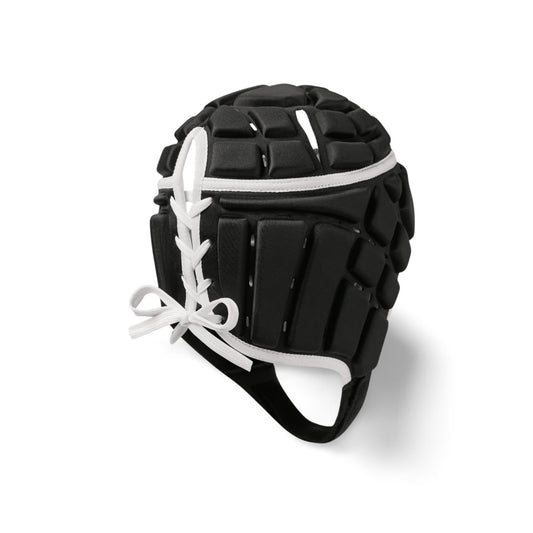 Caschetto da rugby Canterbury Core nero con lacci bianchi.