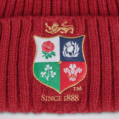 Berretto rosso ufficiale Zuccotto British & Irish Lions: classico lavoro a maglia a coste, stemma dei Lions ricamato, "Dal 1888".