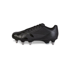 Scarpino da rugby Canterbury Stampede SG nero con dettagli argento e tacchetti metallici.