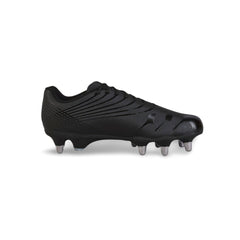 Scarpino da rugby Canterbury Stampede SG argento e nero, con tacchetti metallici.