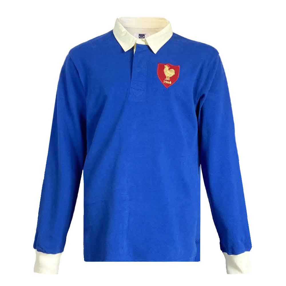 Maglia da rugby francese vintage del 1968: classica maglia da rugby blu a maniche lunghe con stemma del gallo ricamato.