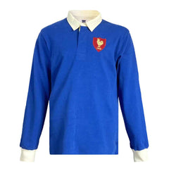 Maglia da rugby francese vintage del 1968: classica maglia da rugby blu a maniche lunghe con stemma del gallo ricamato.