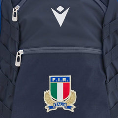 Zaino blu da rugby FIR Italia Macron con logo Macron e stemma federale.