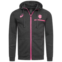 Felpa con cappuccio ufficiale Stade Francais Asics grigia con dettagli fucsia.