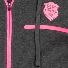 Felpa con cappuccio grigia ufficiale Asics Stade Français Paris con zip fucsia.