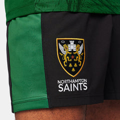 Pantaloncini da rugby da allenamento Northampton Saints ragazzo 2023 neri e verdi con stemma.