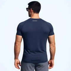 T-shirt baselayer sportiva Samurai blu da uomo, manica corta, vista posteriore.