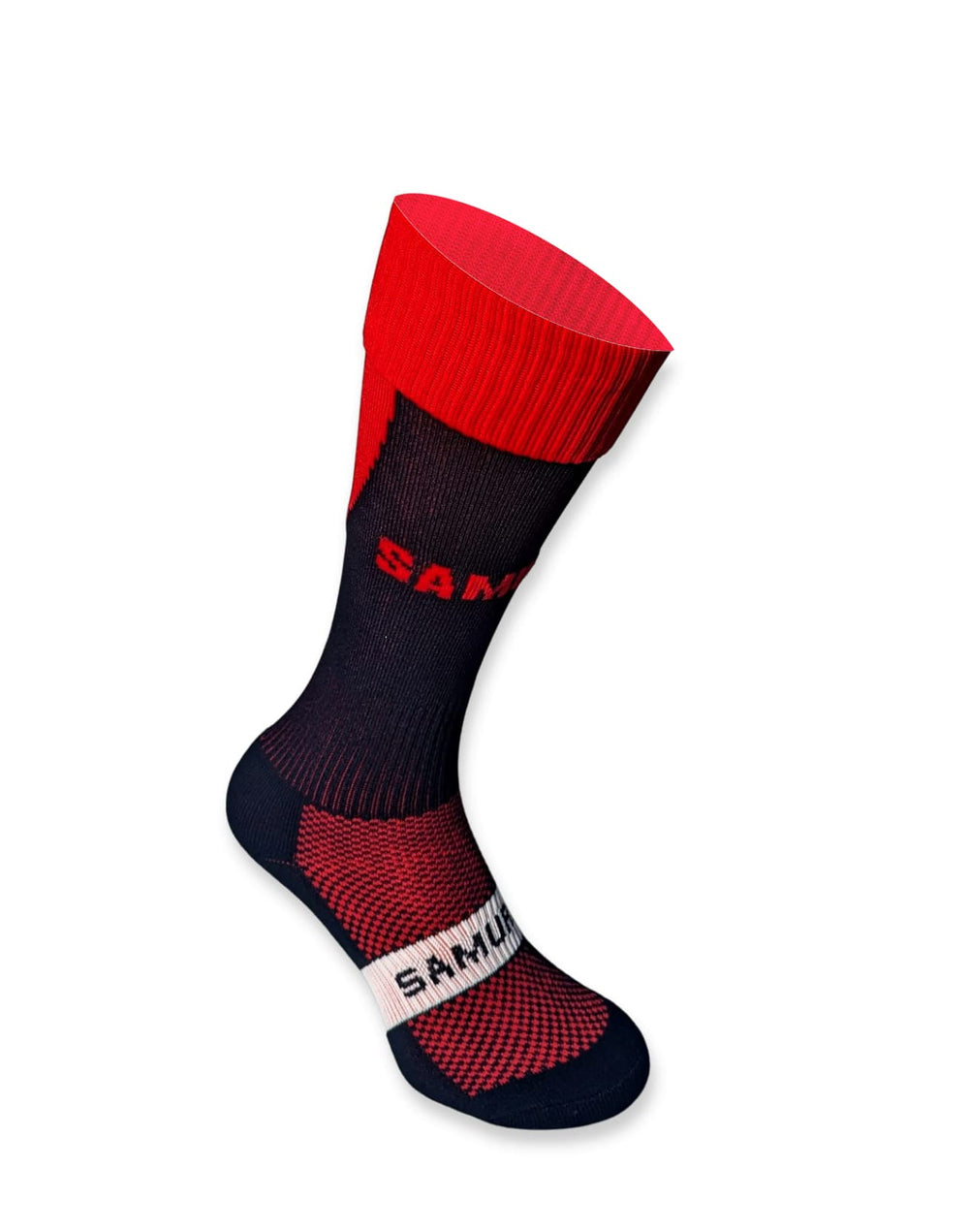 Calza da rugby professionale Samurai Tri Nation nera e rossa con logo visibile.