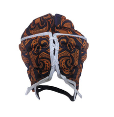 Caschetto da rugby Impact Maori blu-arancio con lacci bianchi.