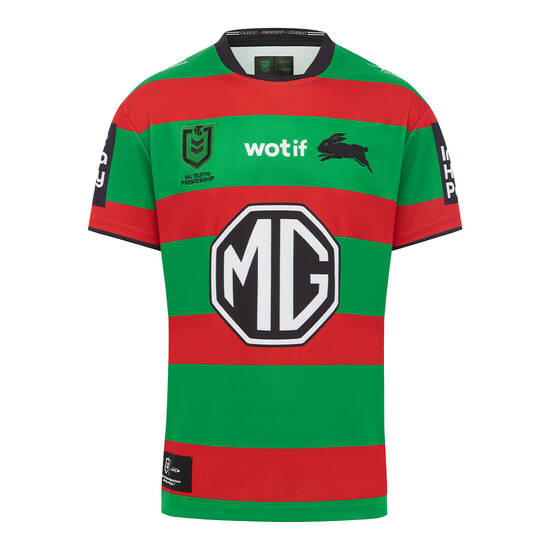 Maglia da rugby casalinga per bambini dei South Sydney Rabbitohs. Modello a strisce verdi e rosse.