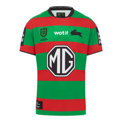 Maglia da rugby casalinga per bambini dei South Sydney Rabbitohs. Modello a strisce verdi e rosse.