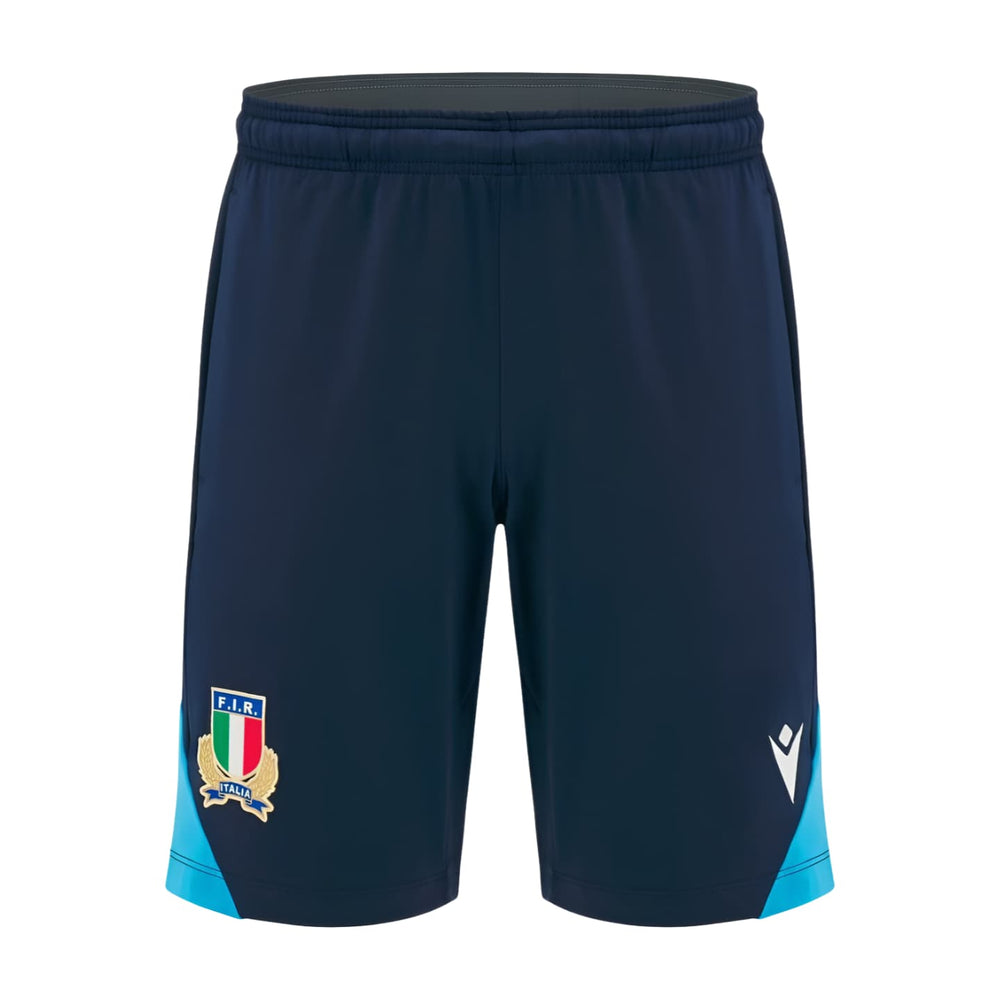 Bermuda da allenamento Macron Italia Rugby 2025 blu navy con dettagli azzurri e stemma FIR.
