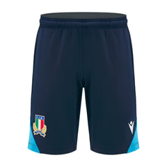 Bermuda da allenamento Macron Italia Rugby 2025 blu navy con dettagli azzurri e stemma FIR.