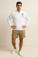 Giacca da viaggio uomo Italia Rugby FIR 2026 bianca con zip lunga e logo.