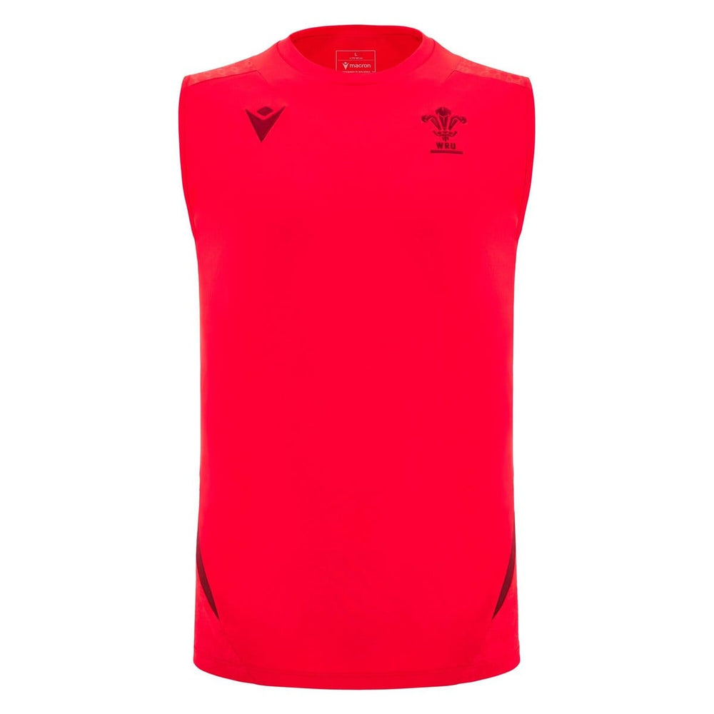 Maglia smanicata da allenamento rugby Galles Macron rossa, con stemma WRU.