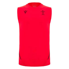 Maglia smanicata da allenamento rugby Galles Macron rossa, con stemma WRU.