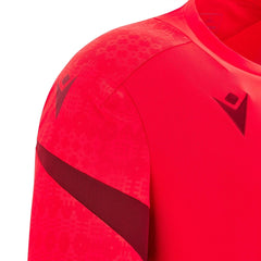 Maglia training rugby Galles 2026 Macron rossa con dettagli grafici tono su tono.