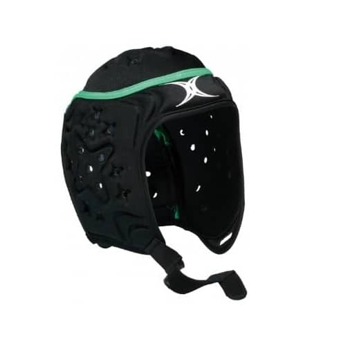 Caschetto da rugby Gilbert VX-5 nero con protezioni laterali e fascia verde.