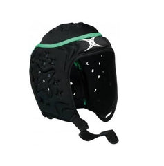 Caschetto da rugby Gilbert VX-5 nero con protezioni laterali e fascia verde.