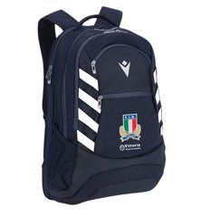 Zaino blu Macron Italia Rugby Takeoff con stemma federale e strisce bianche.
