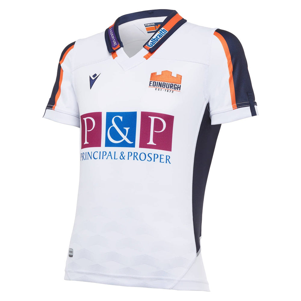 Maglia da trasferta autentica dell'Edinburgh Rugby: maglia da rugby bianca con dettagli blu navy e arancioni. Presenta il logo della squadra e lo sponsor P&P.