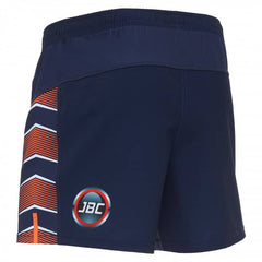 Pantaloncini Rugby Edimburgo Gara Bambino: Navy blue kids rugby shorts featuring orange & white chevron side stripes and JBC logo.