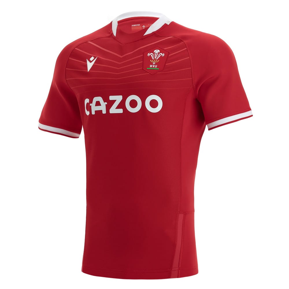Maglia da rugby casalinga Macron 2023 del Galles: autentica maglia da rugby rossa gallese con logo della squadra e sponsor Cazoo