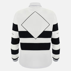 Maglia rugby Barbarians uomo a maniche lunghe in cotone, design a righe orizzontali nere e bianche con rombo sul retro.