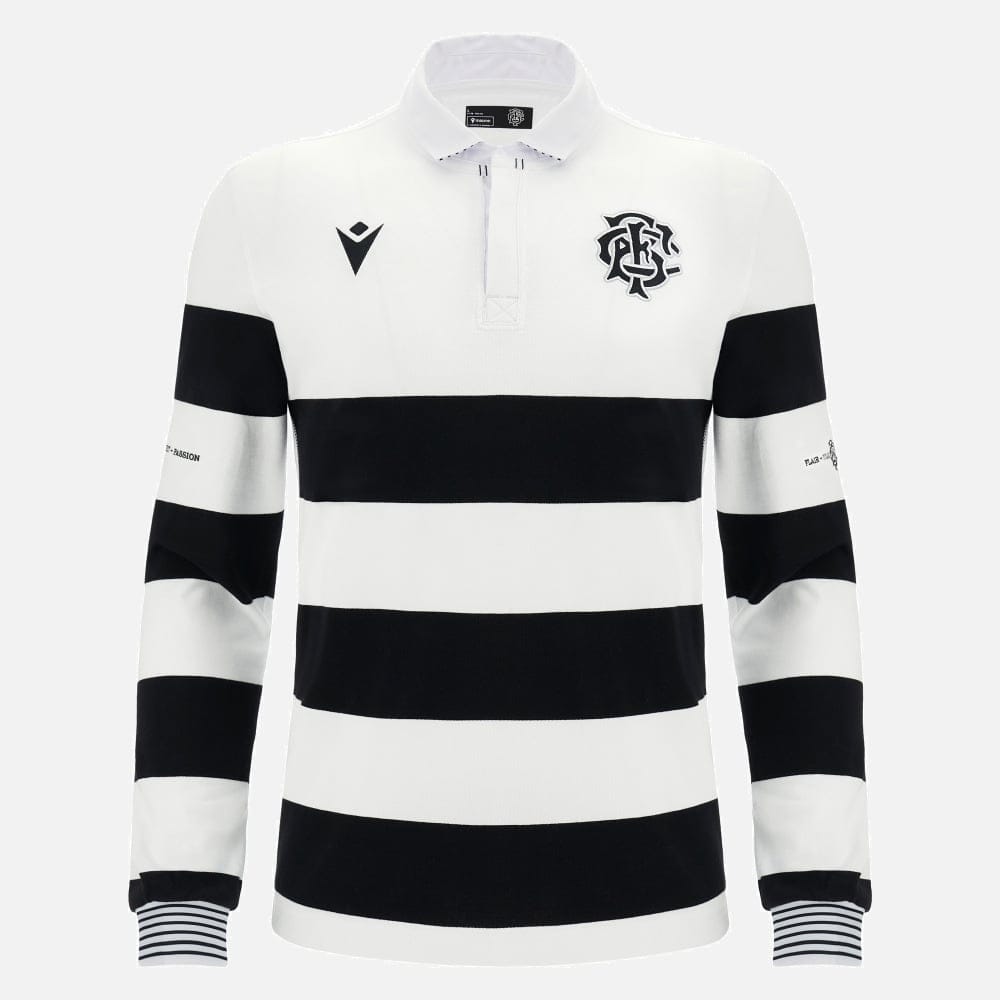 Maglia rugby Barbarians uomo a maniche lunghe in cotone, design a righe bianche e nere.