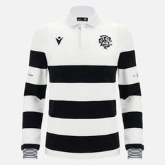 Maglia rugby Barbarians uomo a maniche lunghe in cotone, design a righe bianche e nere.