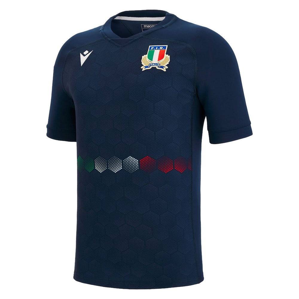 Maglia training rugby Italia Macron total blue con stemma FIR e dettaglio tricolore.