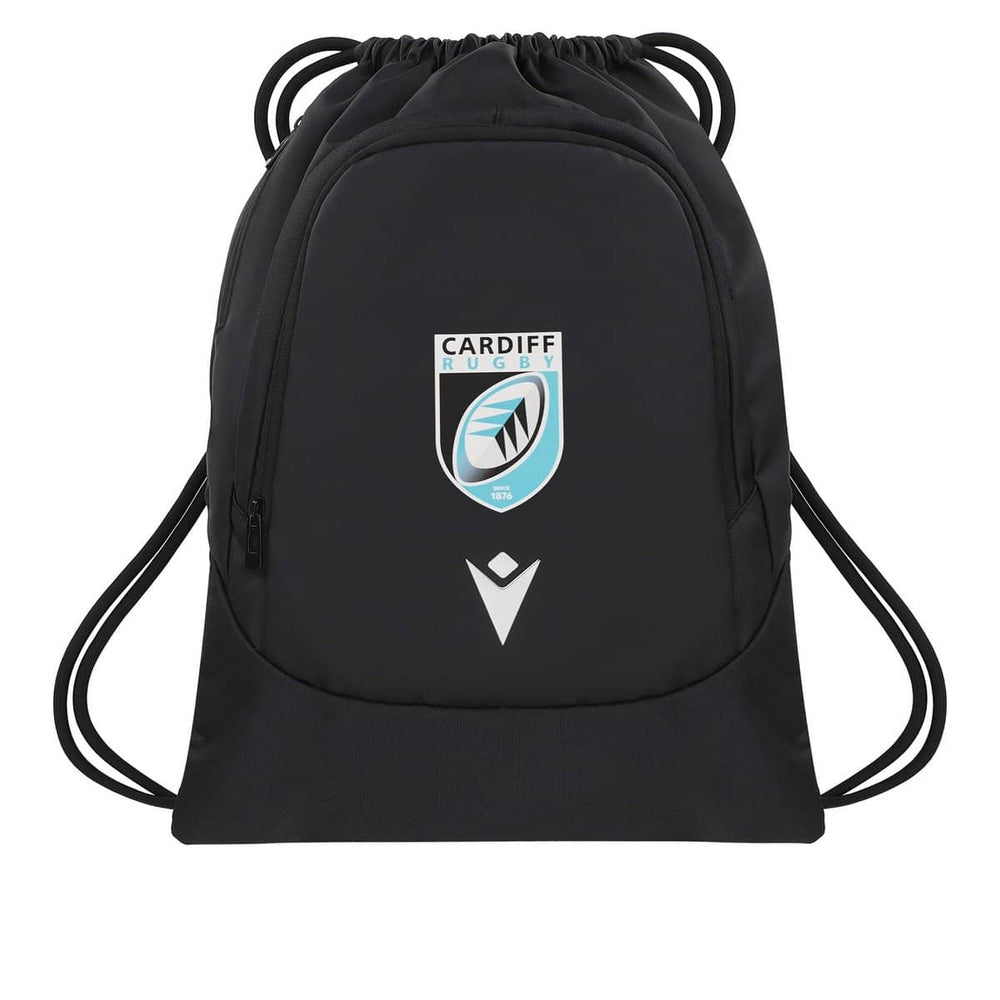 Sacca da palestra nera Cardiff Blues 2023 con logo e chiusura a coulisse.