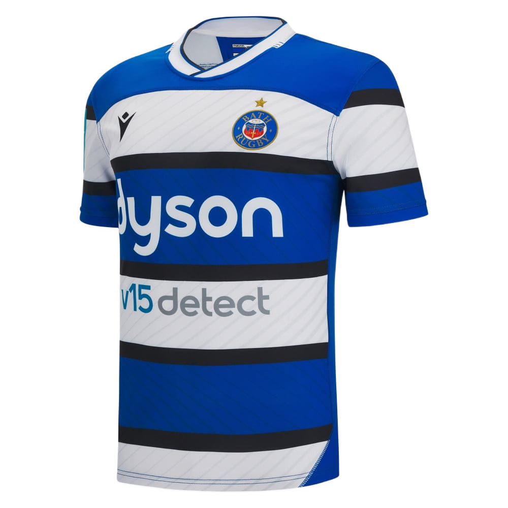 Maglia Rugby Bath Home Pro 2023: Maglia ufficiale casalinga del Bath Rugby, con design a strisce blu e bianche, con il logo del Bath Rugby e lo sponsor Dyson.