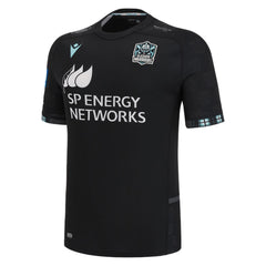 Maglia da rugby casalinga dei Glasgow Warriors Youth 2023: maglia nera con logo della squadra e sponsor SP Energy Networks.