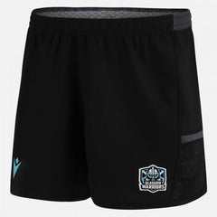 Pantaloncini da rugby Macron neri Glasgow Warriors 2023 con logo.