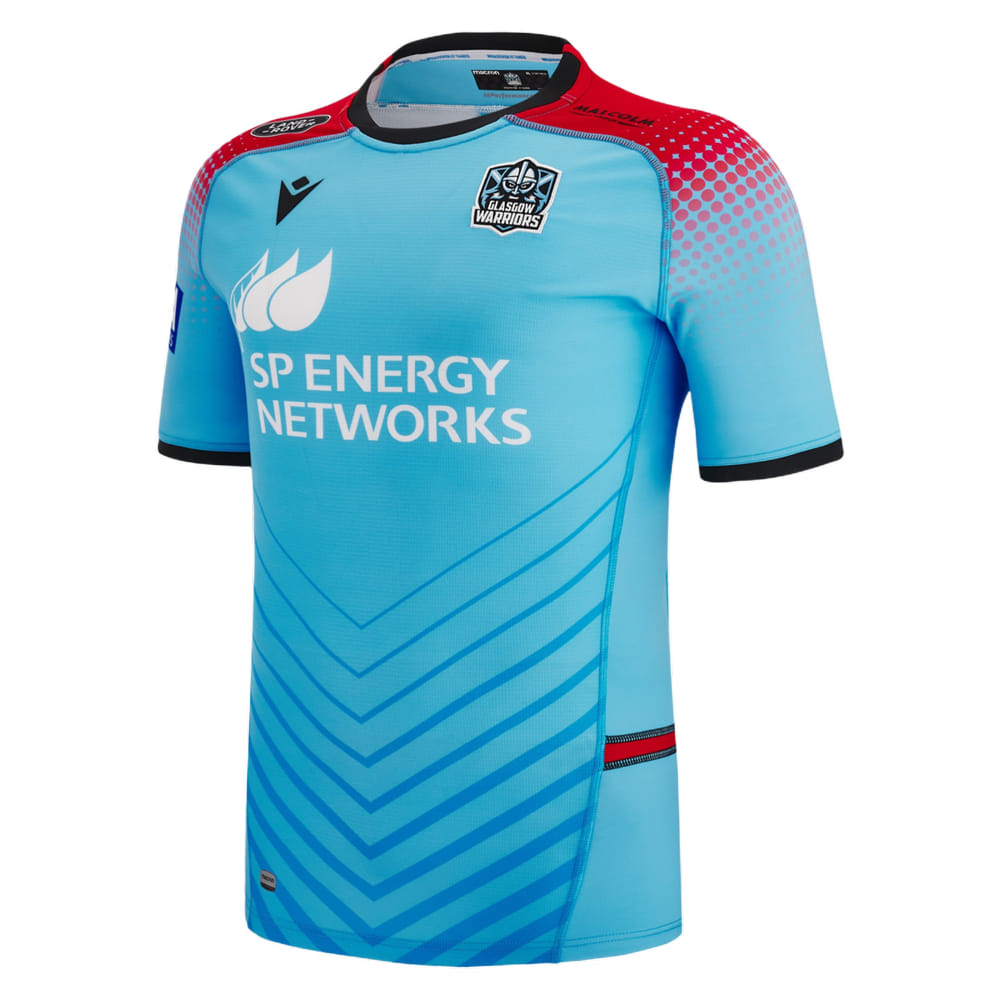 Maglia da rugby Glasgow Warriors 2023 da trasferta: autentica divisa SP Energy Networks. Design azzurro con dettagli rossi.