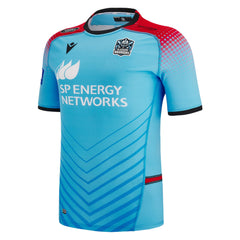 Maglia da rugby Glasgow Warriors 2023 da trasferta: autentica divisa SP Energy Networks. Design azzurro con dettagli rossi.