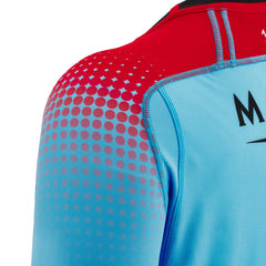 Maglia da rugby Glasgow Warriors 2023 da trasferta: autentica maglia azzurra con dettagli sfumati rossi e rosa.