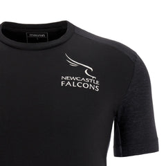 Maglia da rugby Macron Newcastle Falcons nera, cotone, logo ricamato.