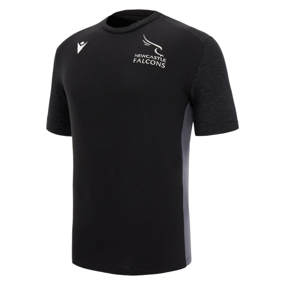 Maglia da rugby Newcastle Falcons 2023 Player in cotone, nera con maniche grigie.