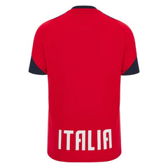 Maglia rugby Italia FIR allenamento 2023/24 Rossa: Red Italian rugby training jersey, navy blue sleeves, "ITALIA" on back. 2023-24 season.