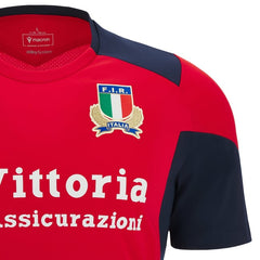 Maglia rugby Italia FIR allenamento 2023/24 Rossa: Official Italian rugby training shirt, red with navy blue accents, featuring the FIR logo and Vittorio Assicurazioni sponsor.