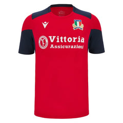 Maglia rugby Italia FIR allenamento 2023/24 Rossa: Official Italian rugby team training jersey. Red with navy sleeves, Vittoria Assicurazioni sponsor logo.