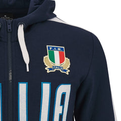 Felpa Italia Rugby Zip Lunga e Cappuccio Blu 2024 bambino: Navy blue kids' hooded sweatshirt with Italian Rugby Federation logo and "ITALIA" lettering.