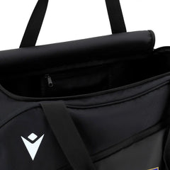 Borsa da palestra ufficiale della nazionale italiana di rugby FIR: borsone sportivo nero con logo bianco, ideale per l'allenamento e i viaggi.