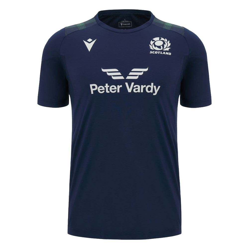 Maglia da allenamento Macron Scotland Rugby 2024: blu navy, con lo stemma della Scozia e il logo di Peter Vardy.