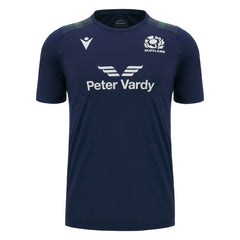 Maglia da allenamento Macron Scotland Rugby 2024: blu navy, con lo stemma della Scozia e il logo di Peter Vardy.